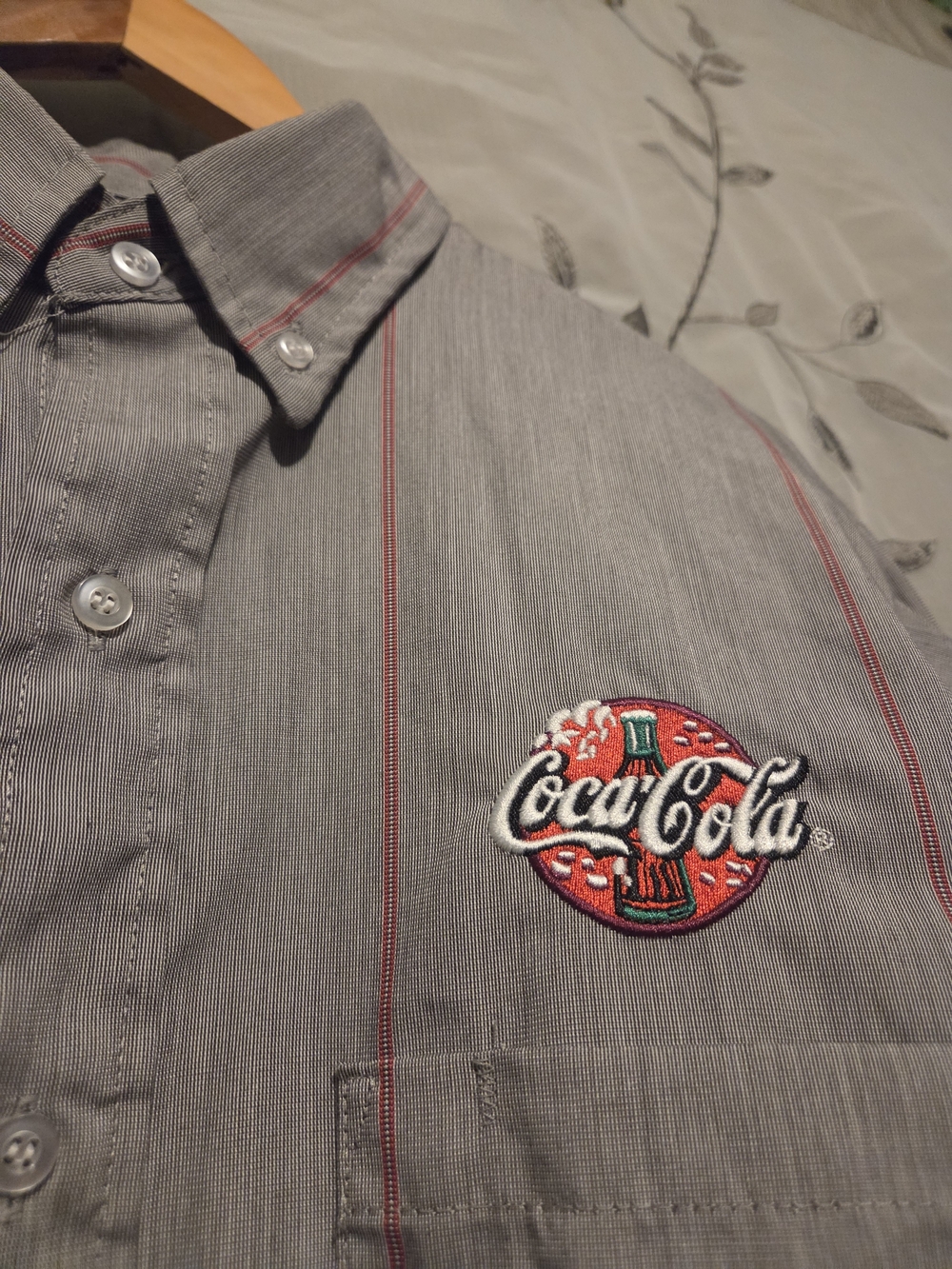Men's 16.5 Coca Cola Grey Button-Down Shirt with Red Stripe and Logo *New*